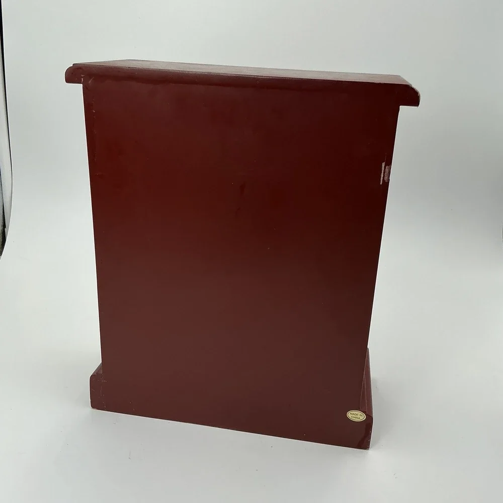 Vintage Wood Jewelry Armoire Burgundy Red 3 Drawer Floral Etched Glass Mirror